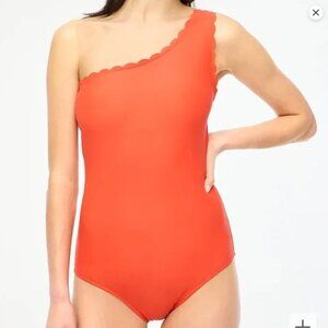 NWT J.Crew one piece one shoulder orange scalloped trim bathing suit size M